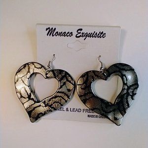 Monaco Exquisite Acrylic Silver and Black Heart Snake Print Dangle Drop Earrings